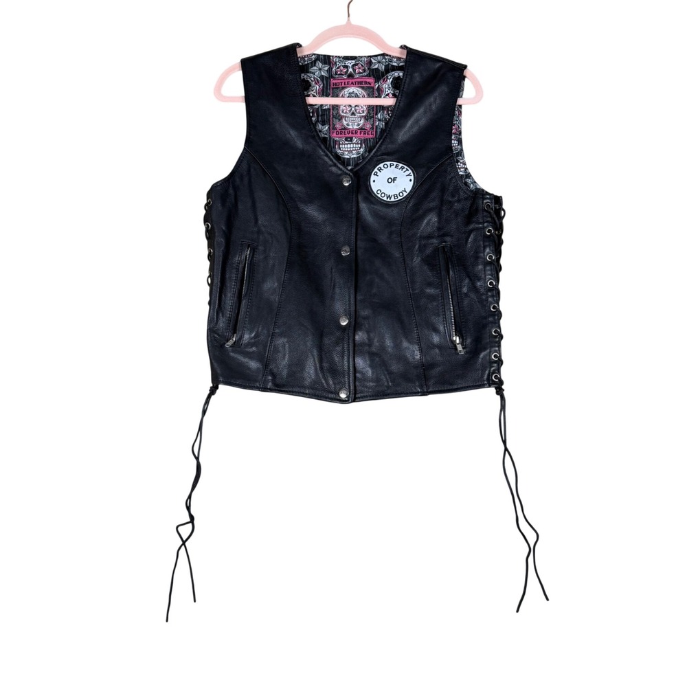 Hot Leathers Women Black Genuine Leather Biker Vest Sugar Skull Lining Cowboy M